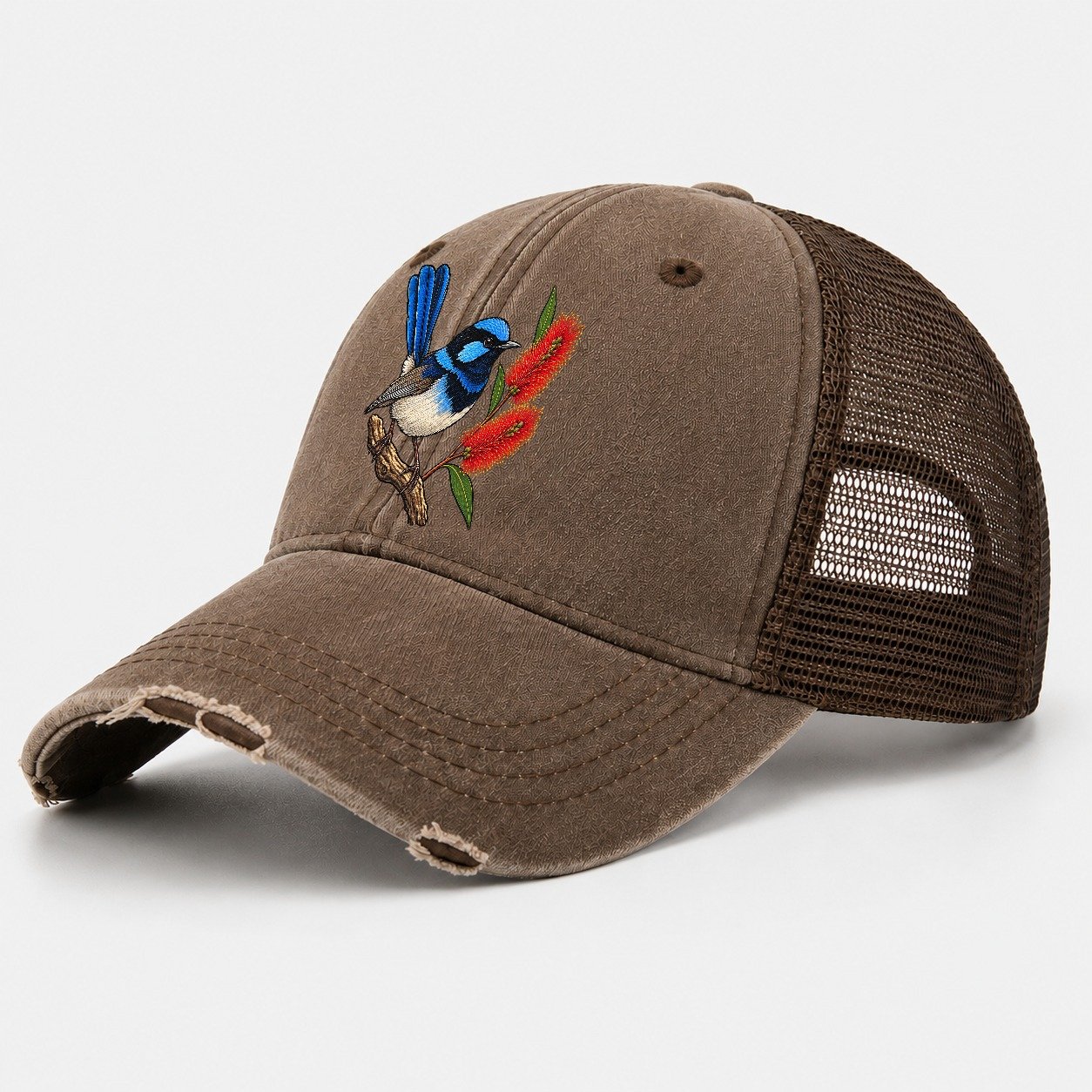 Superb Fairywren And Bottlebrush Australia Cultural Icons Washed Trucker Hat – Coffee