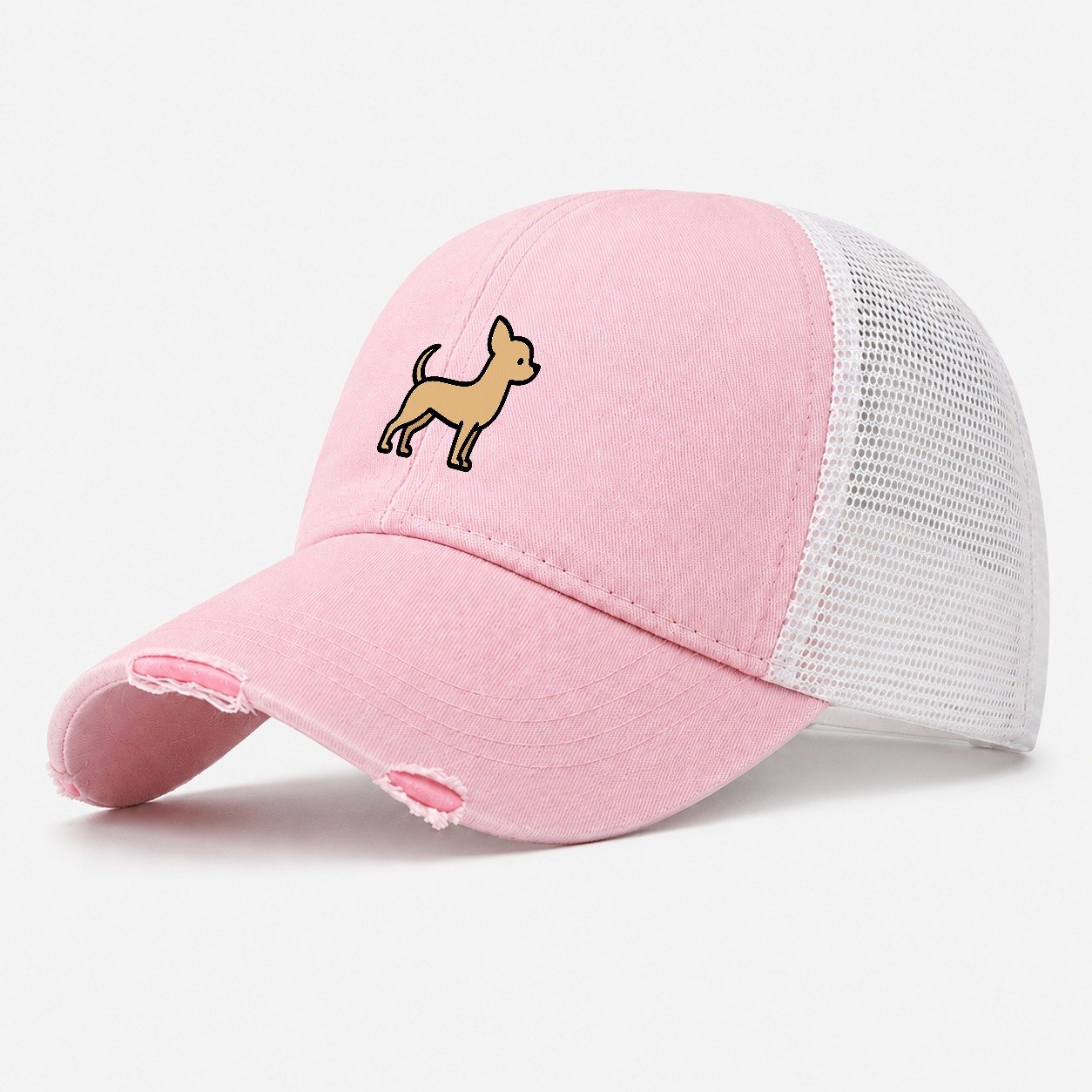 Chihuahua Tan Smooth Coat Flat Side Profile Washed Trucker Hat – Light Pink