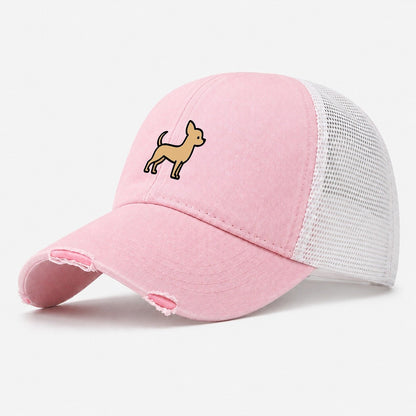 Chihuahua Tan Smooth Coat Flat Side Profile Washed Trucker Hat – Light Pink