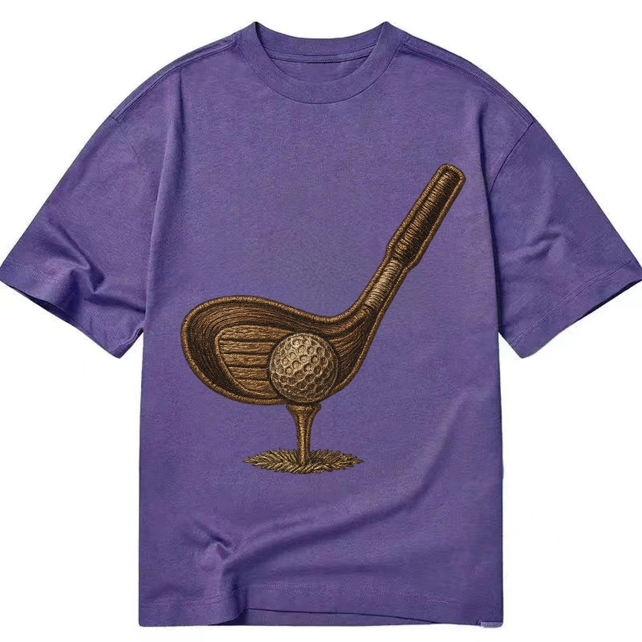 Golf Club And Ball Vintage Wood Driver With Dimpled Ball On Classic T-shirt – Purple