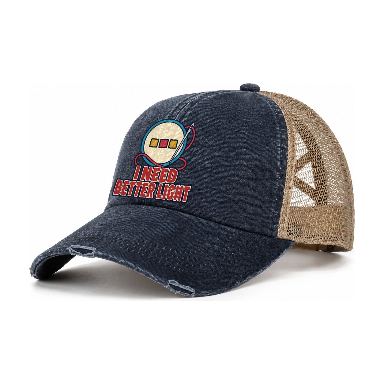 I Need Better Light And Needlework Women's Ponytail Trucker Hat – Navy Khaki