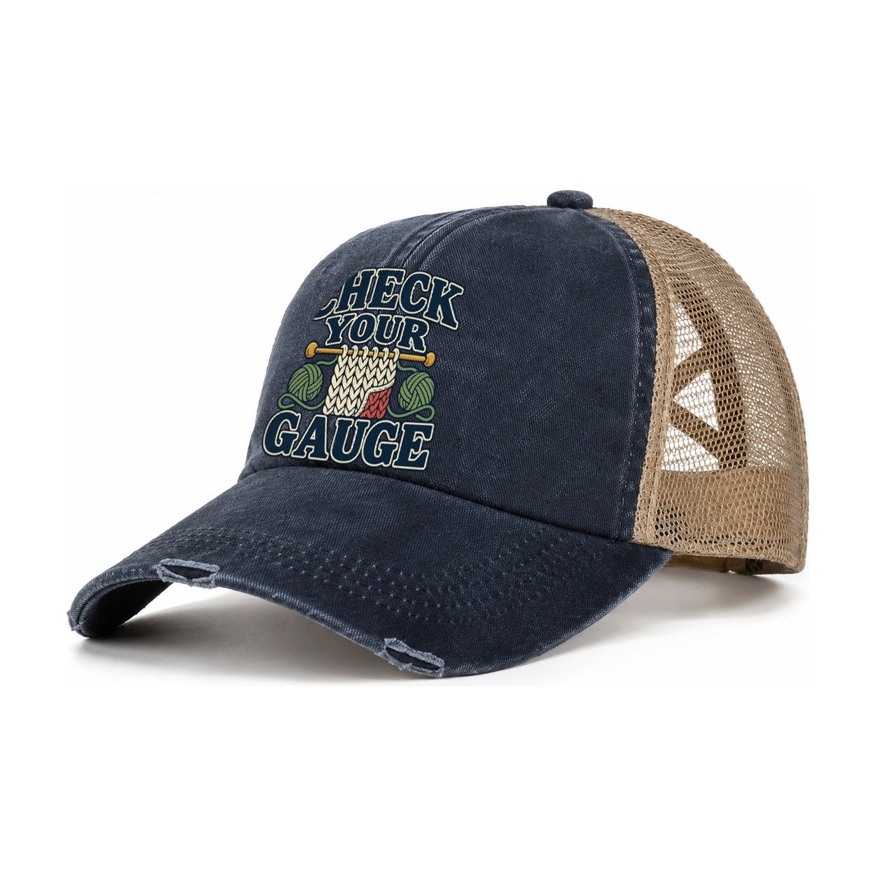 Check Your Gauge Yarn Crafts Women's Ponytail Trucker Hat – Navy Khaki