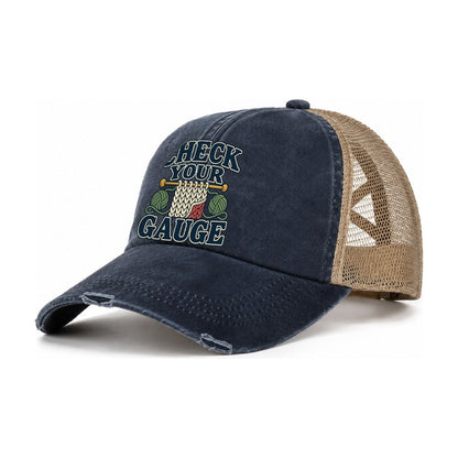 Check Your Gauge Yarn Crafts Women's Ponytail Trucker Hat – Navy Khaki