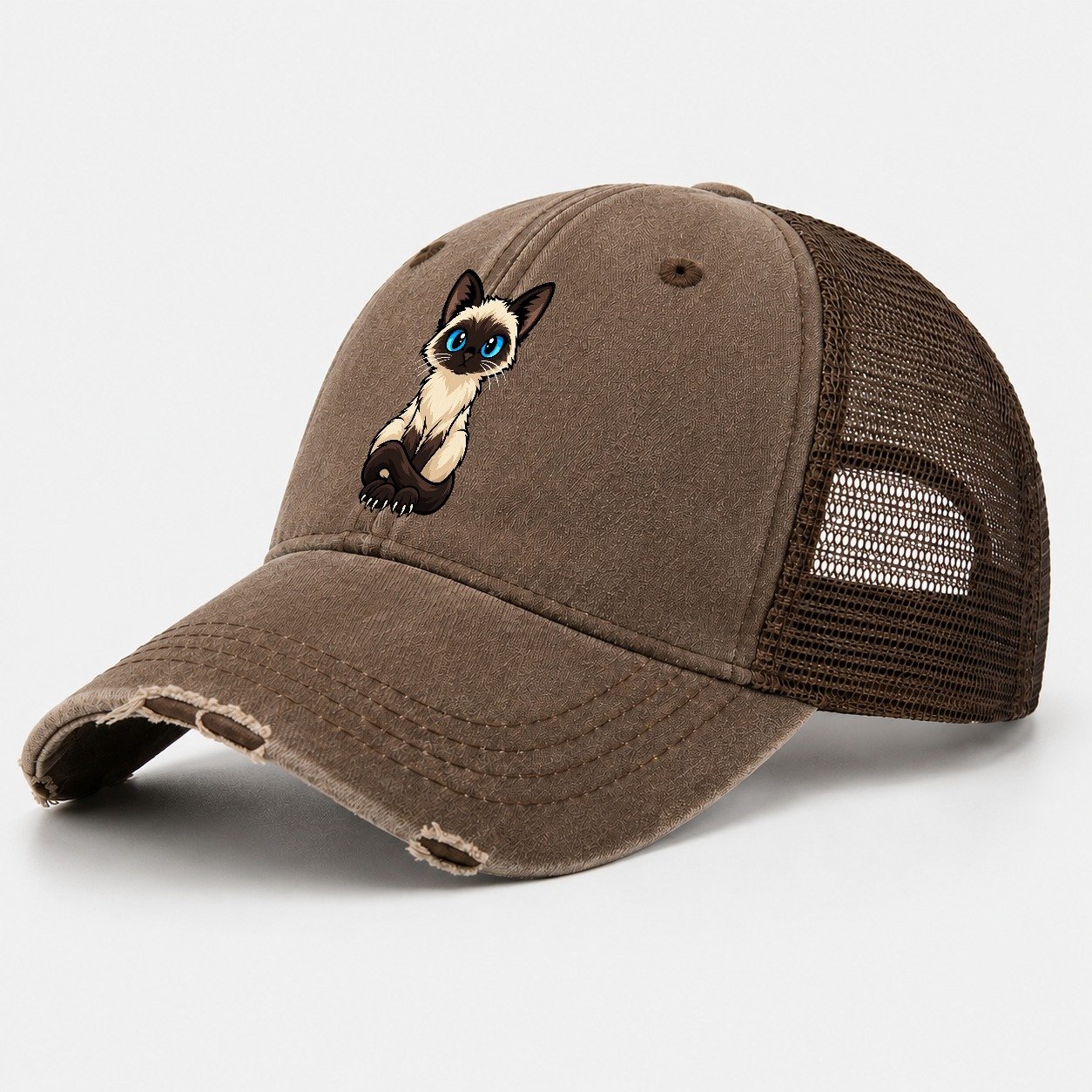 Siamese Sitting Tall Peeking Cats Washed Trucker Hat – Coffee