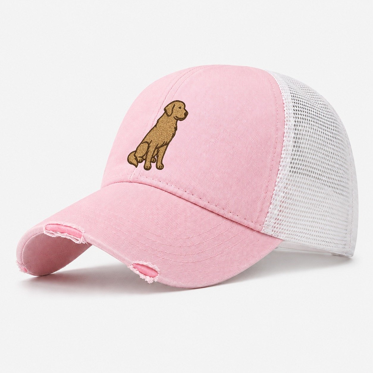 Golden Retriever Classic Golden Embroidered Sitting Pose Washed Trucker Hat – Light Pink