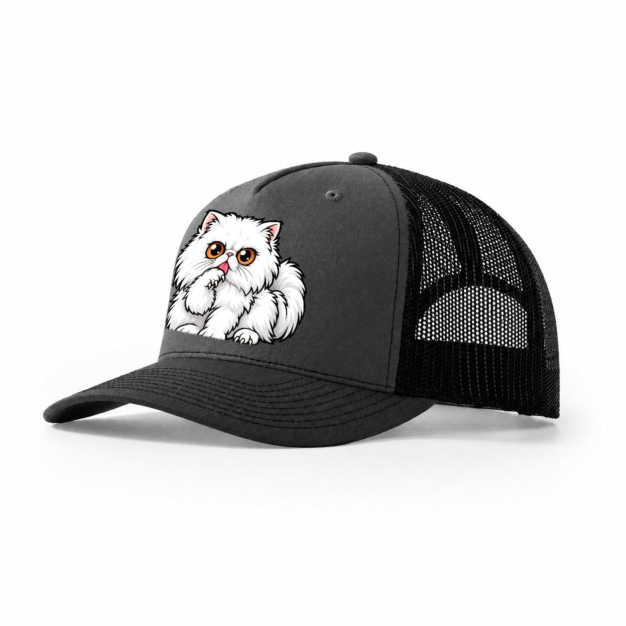 White Persian Grooming Peeking Cats Trucker Hat – Dark Grey Black