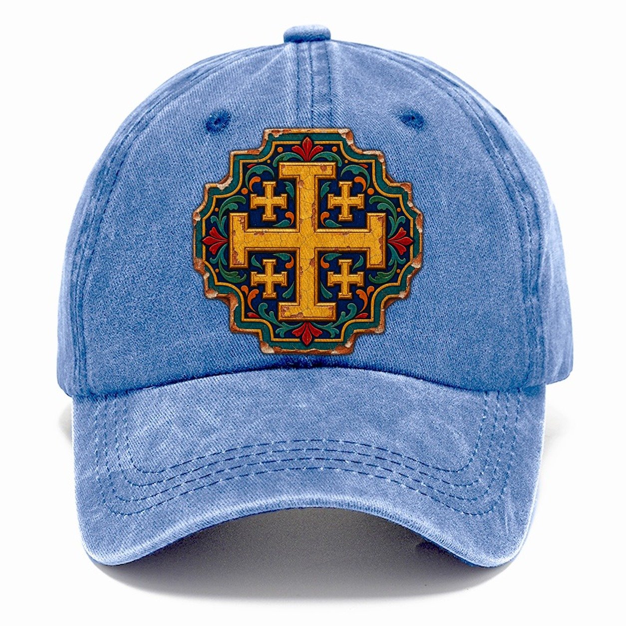 Armenian Hand Painted Ceramic Tile Jerusalem Cross Classic Cap – Summer Sky