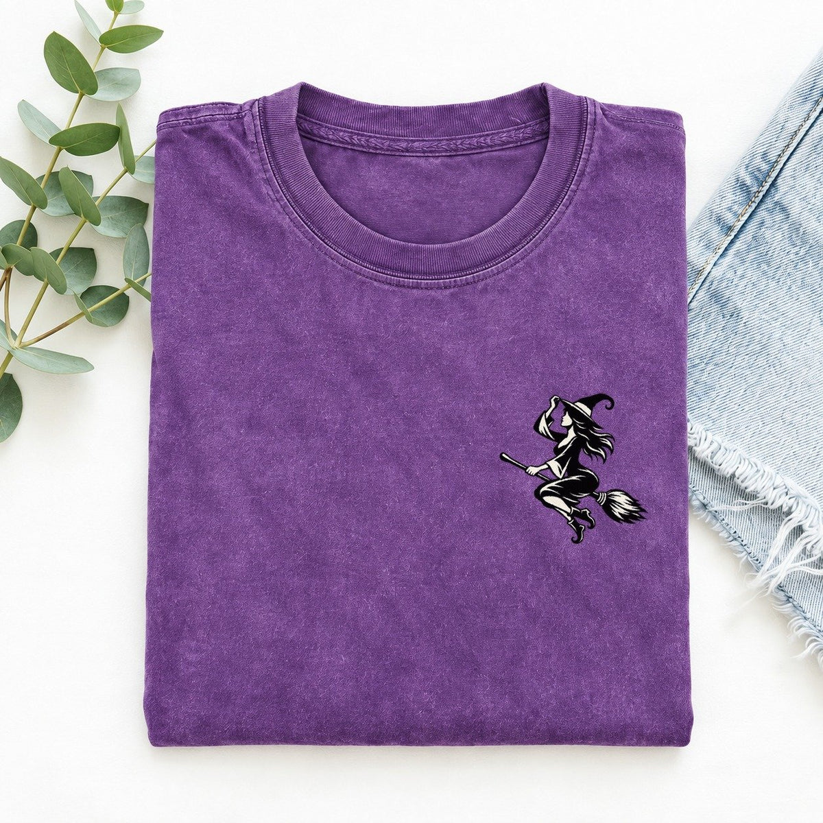Witch On Broom Left Chest Vintage T-shirt – Purple