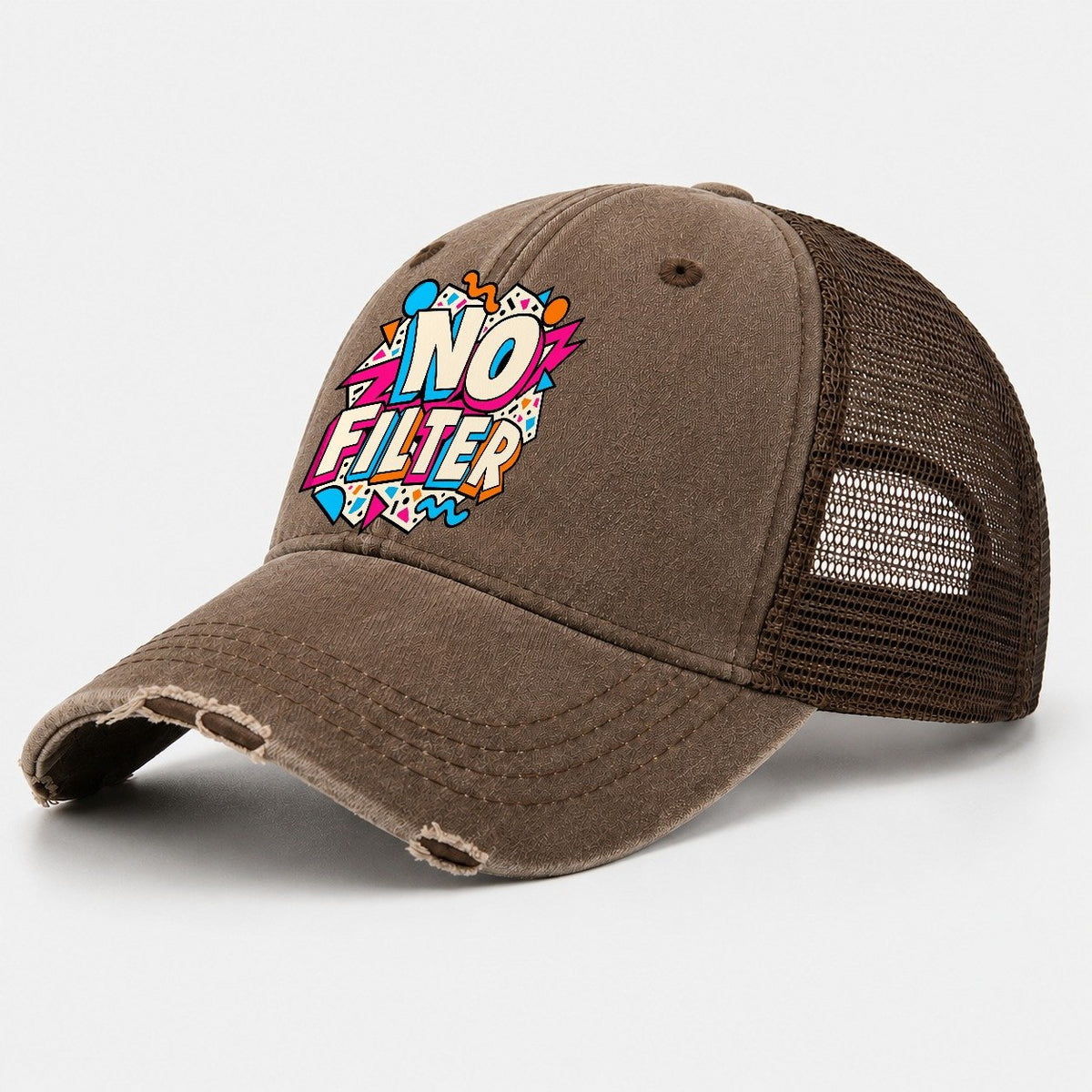 No Filter Crazy Styles Washed Trucker Hat – Coffee