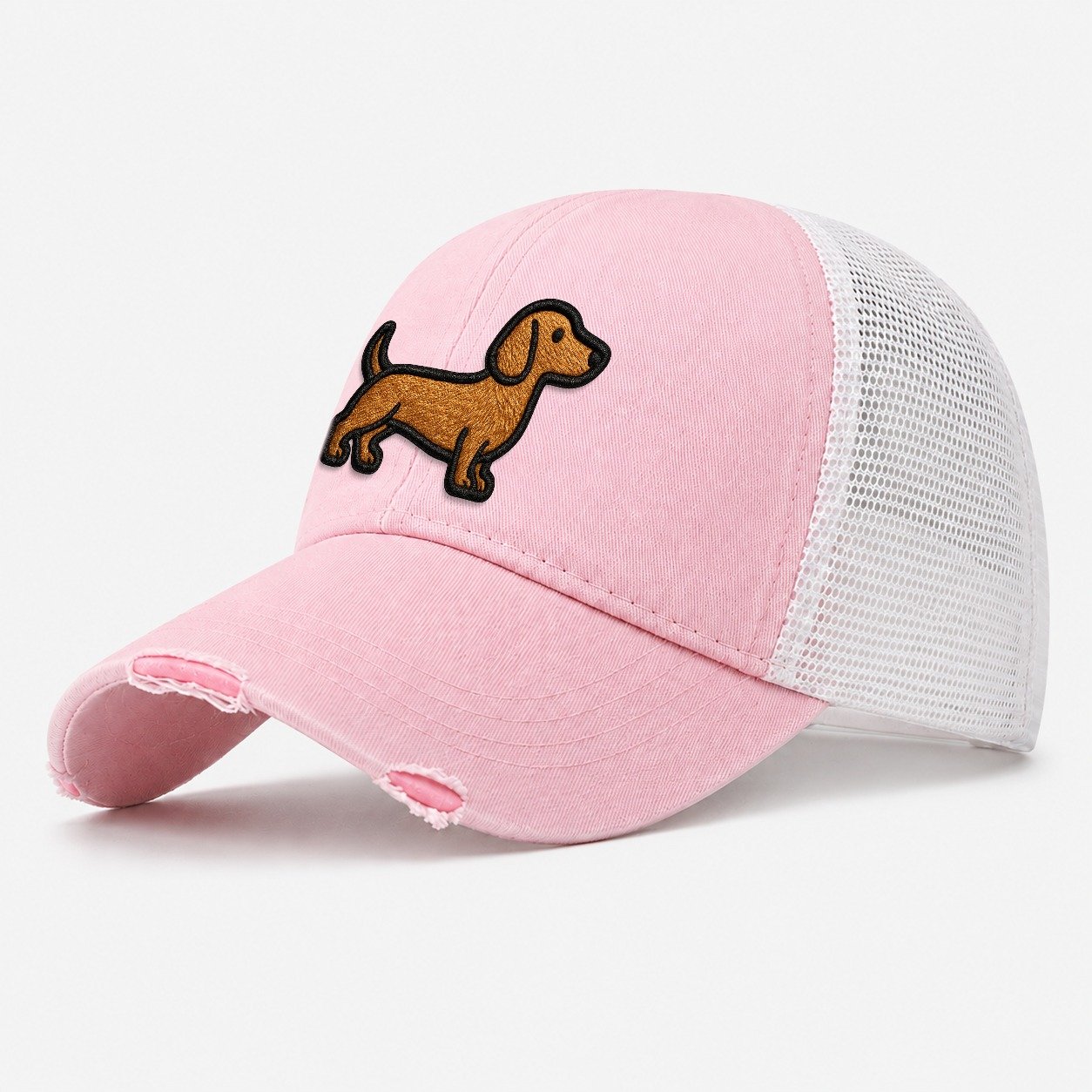 Dachshund Modern Elongated Silhouette Washed Trucker Hat – Light Pink