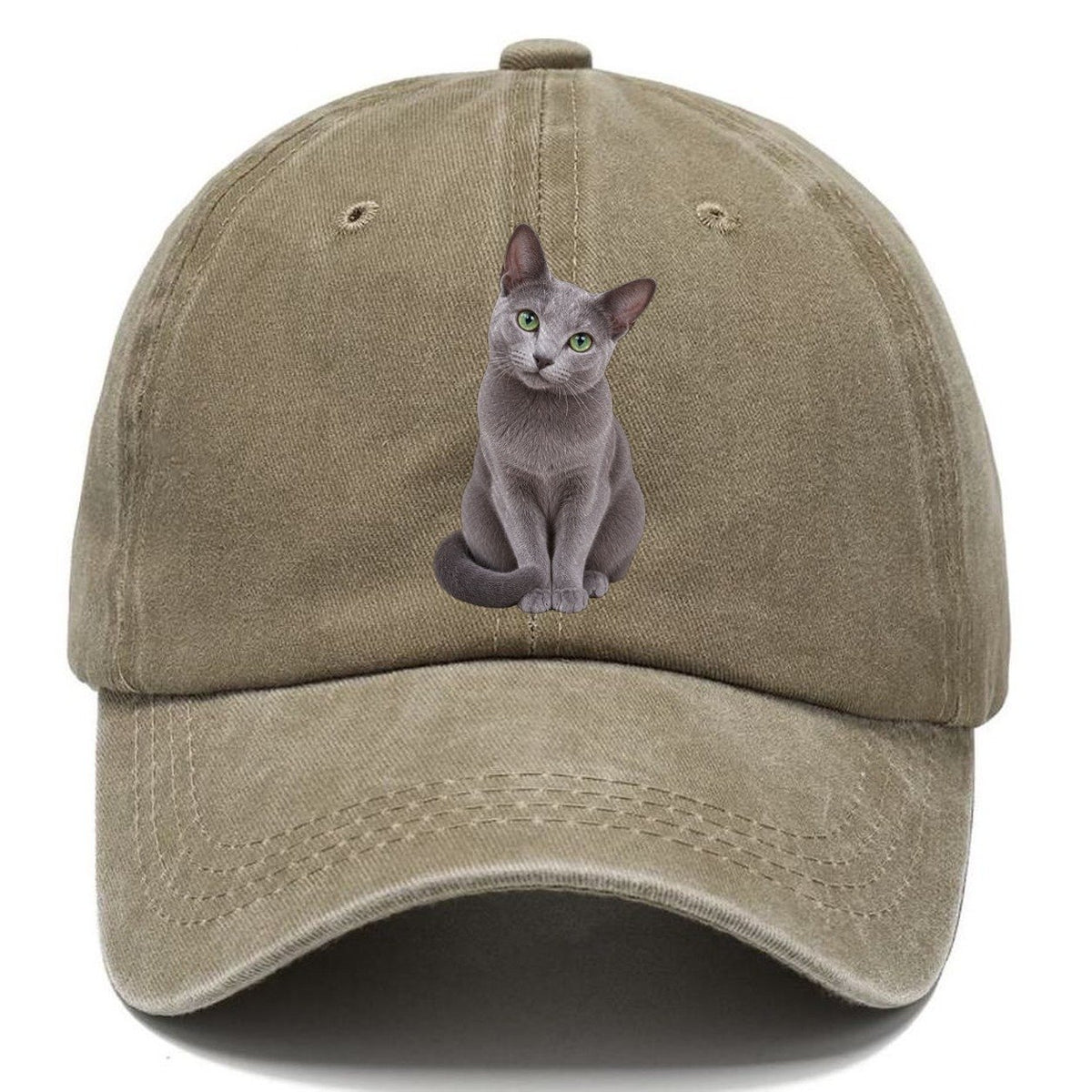 Russian Blue Seated Portrait Realistic Cat Portrait Classic Cap – Warm Sand