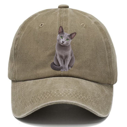 Russian Blue Seated Portrait Realistic Cat Portrait Classic Cap – Warm Sand