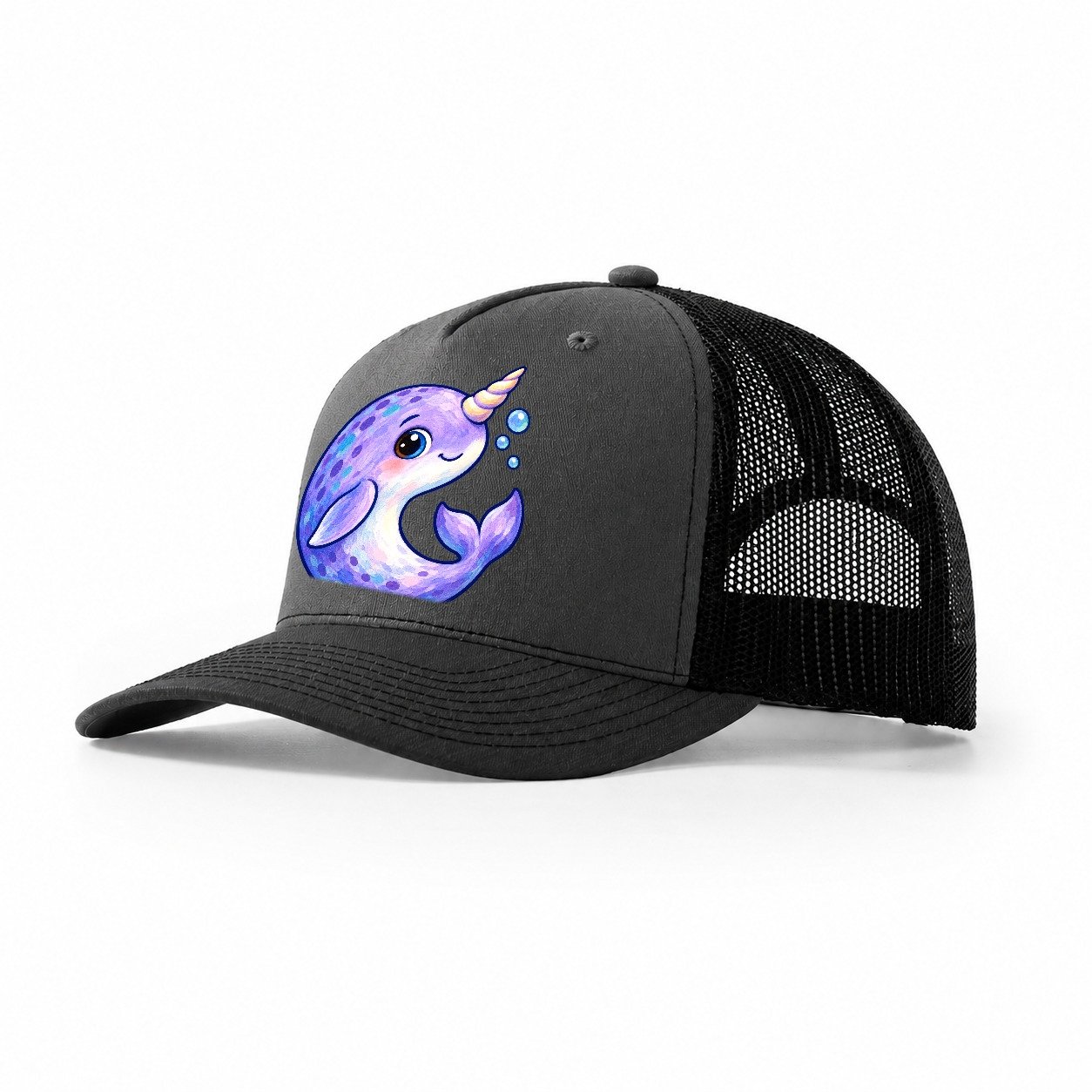 Narwhal Crescent Curl Sea Sprite Trucker Hat – Dark Grey Black