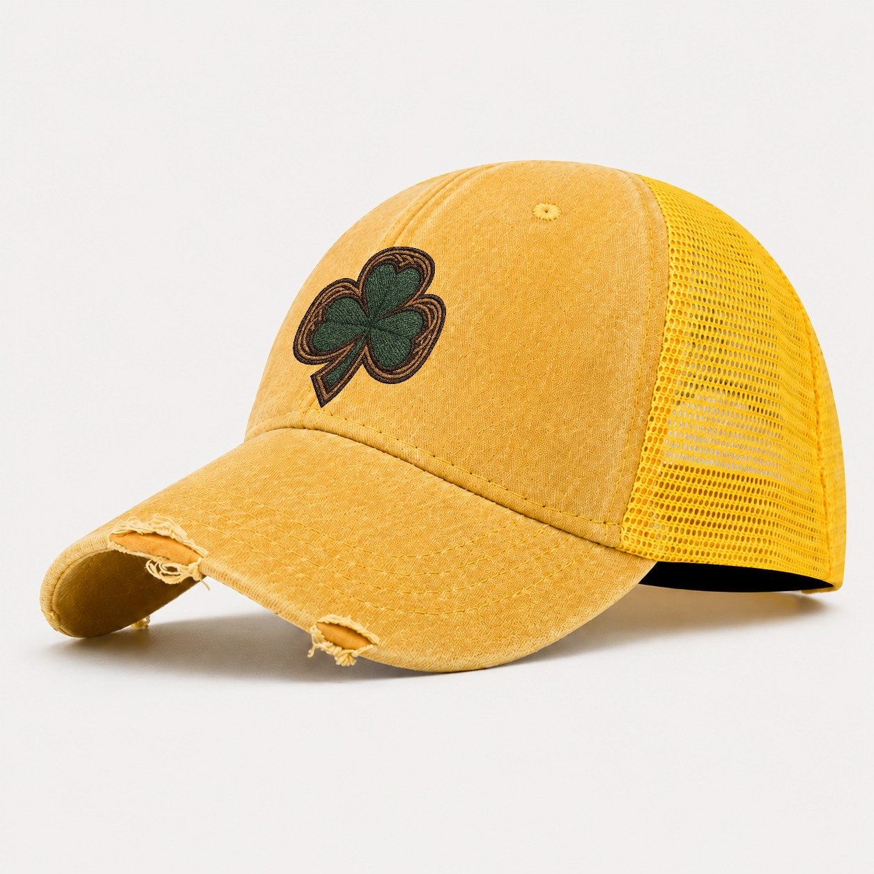 Shamrock Three Leaf Clover With Celtic Border Design Washed Trucker Hat – Yellow