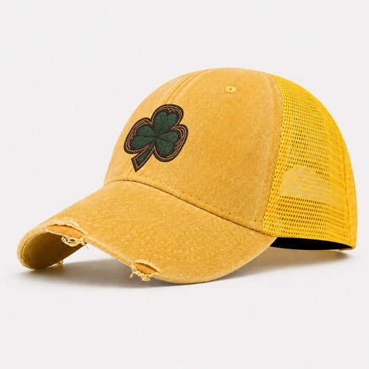 Shamrock Three Leaf Clover With Celtic Border Design Washed Trucker Hat – Yellow