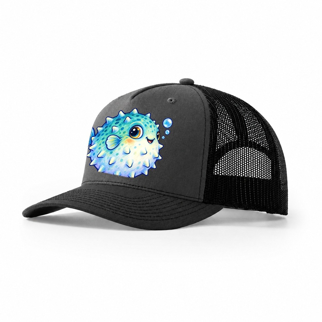 Pufferfish Side Puff Sea Sprite Trucker Hat – Dark Grey Black