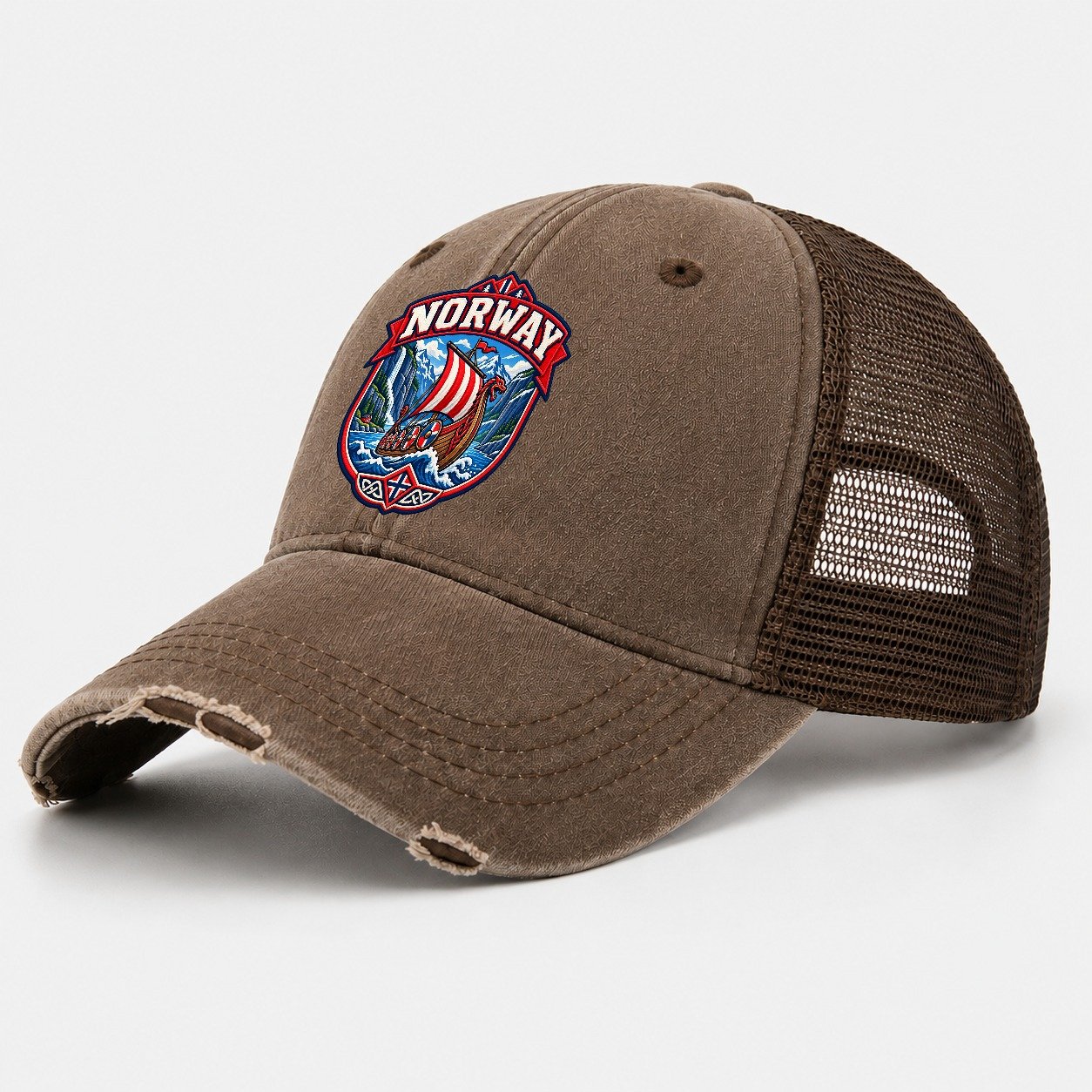Norway Retro Badge Country Logos Washed Trucker Hat – Coffee