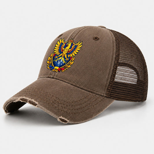 Romania Heraldic Crest Country Logos Washed Trucker Hat – Coffee