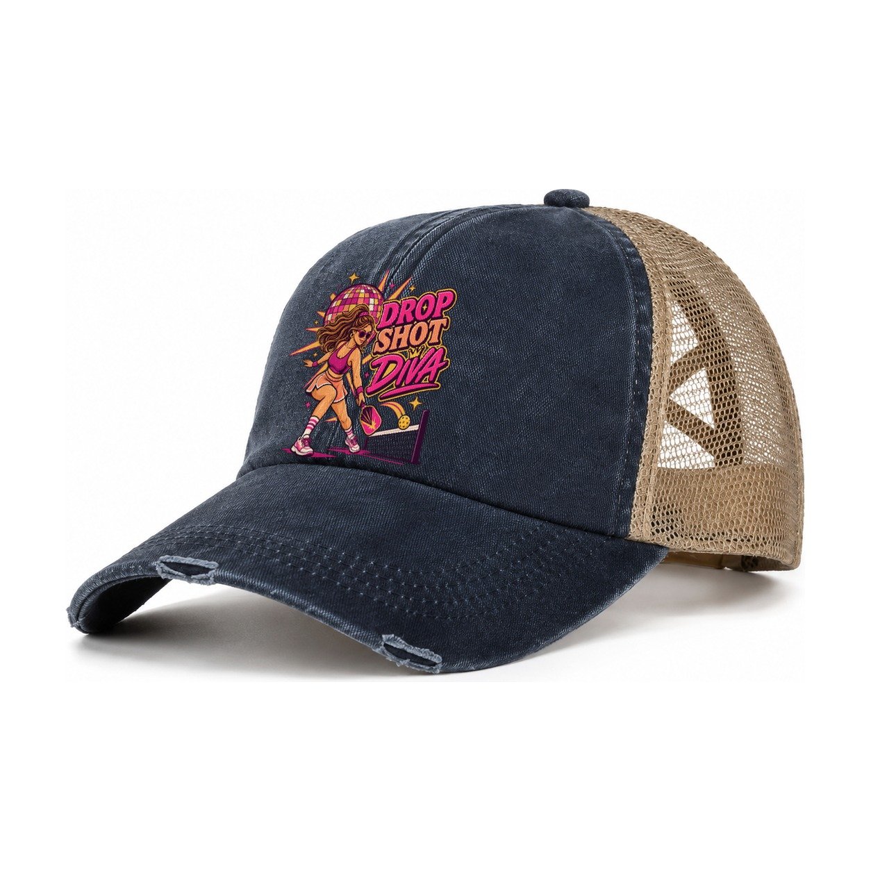 Drop Shot Diva Pickleball Life Women's Ponytail Trucker Hat – Navy Khaki