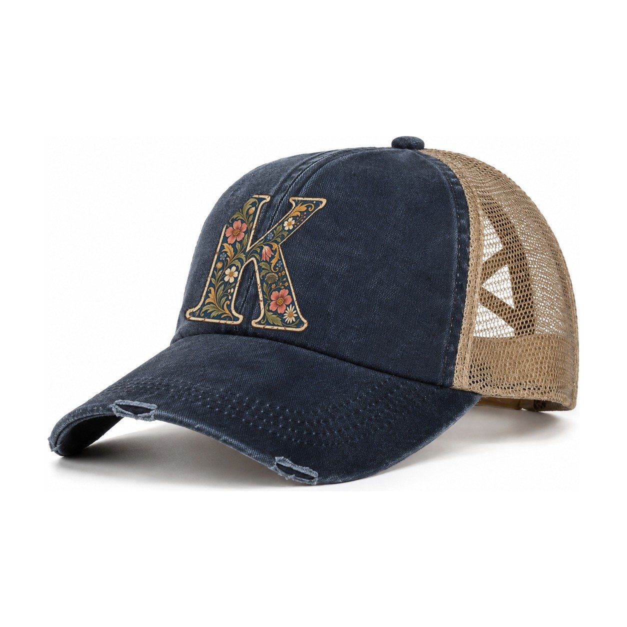Wildflower K Monogram Women's Ponytail Trucker Hat – Navy Khaki