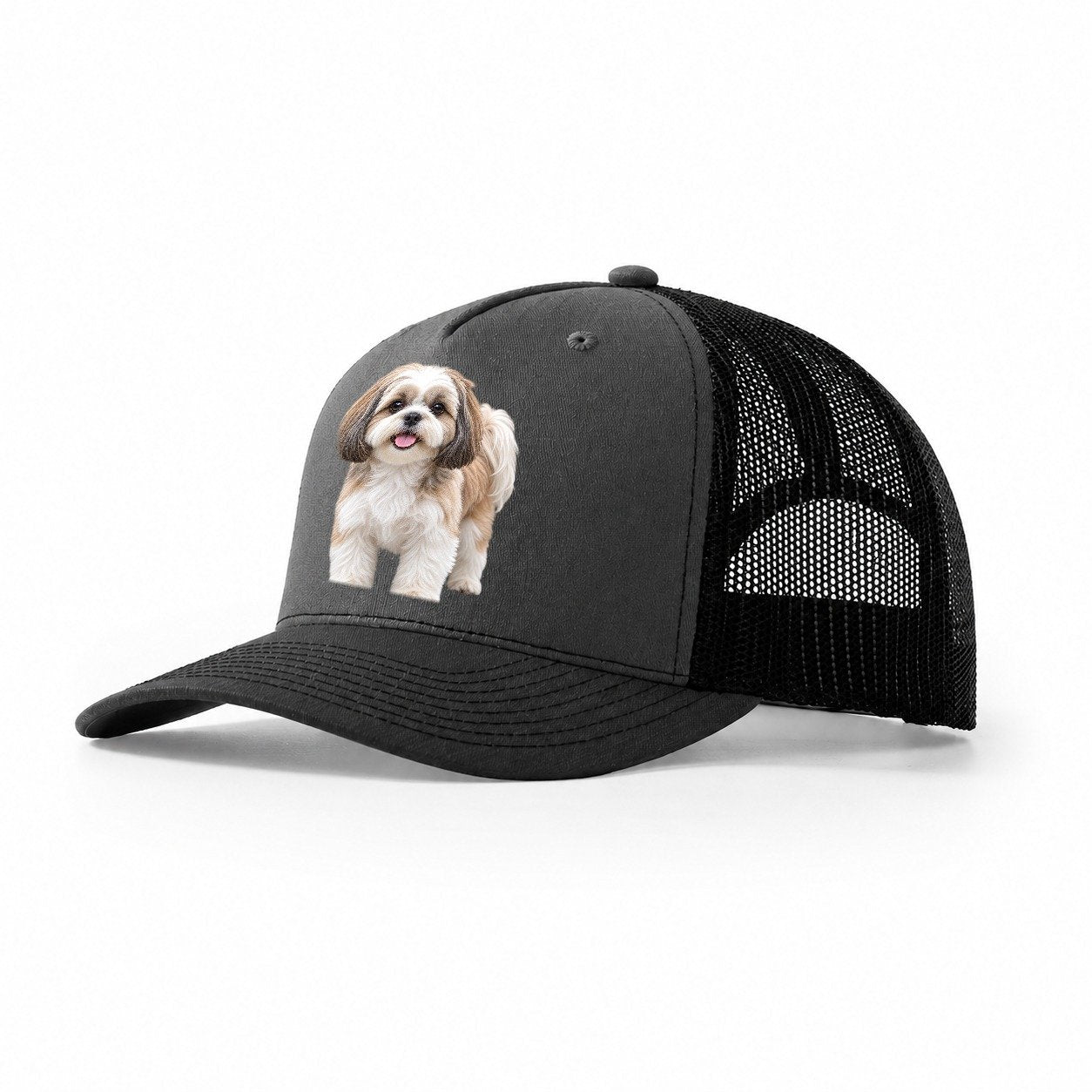 Shih Tzu Standing Top Breeds Trucker Hat – Dark Grey Black