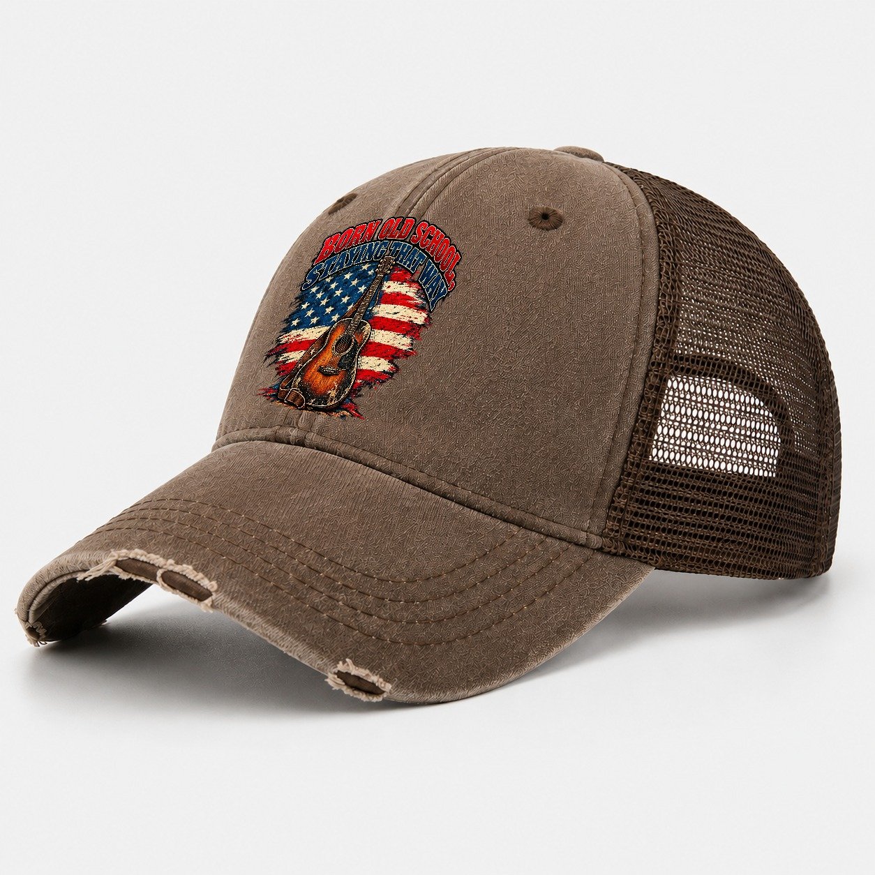 Born Old School Staying That Way Old Man Strong Washed Trucker Hat – Coffee