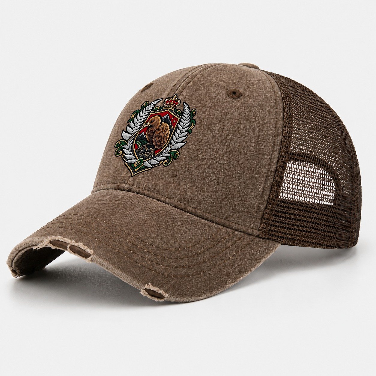 New Zealand Heraldic Crest Country Logos Washed Trucker Hat – Coffee