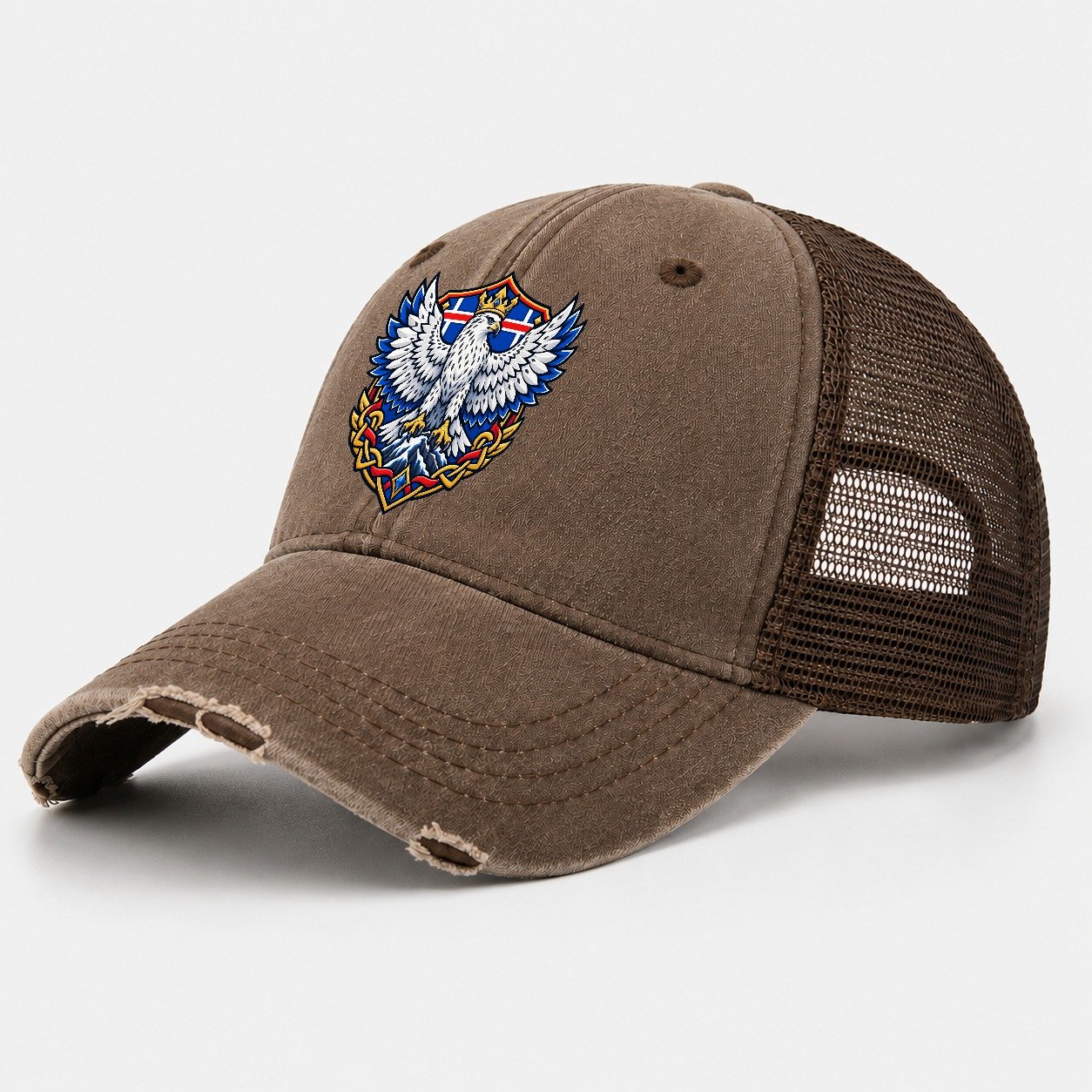 Iceland Heraldic Crest Country Logos Washed Trucker Hat – Coffee