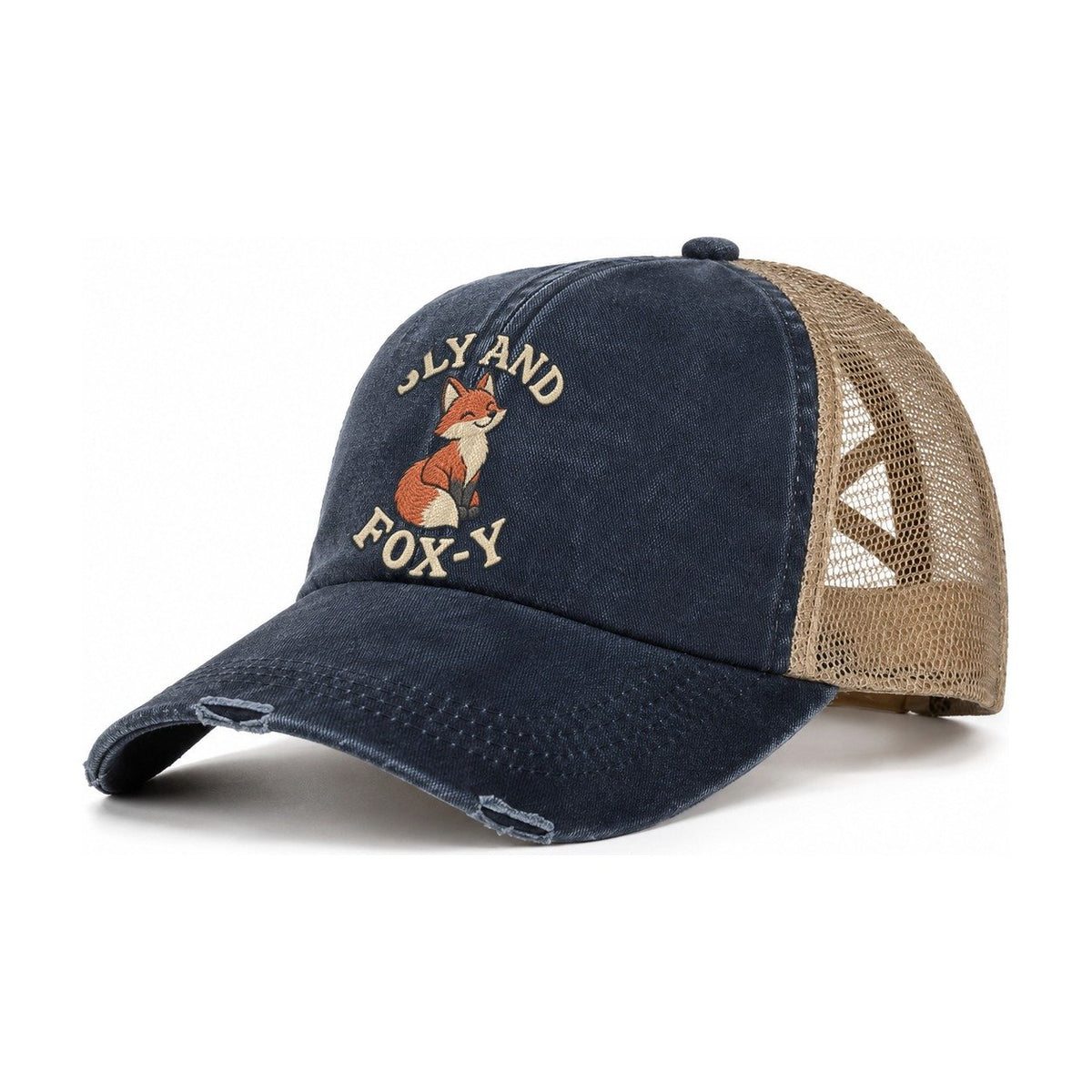 Fox Animal Puns Women's Ponytail Trucker Hat – Navy Khaki