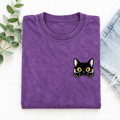 Yellow Eyed Black Cat Left Chest Vintage T-shirt – Purple