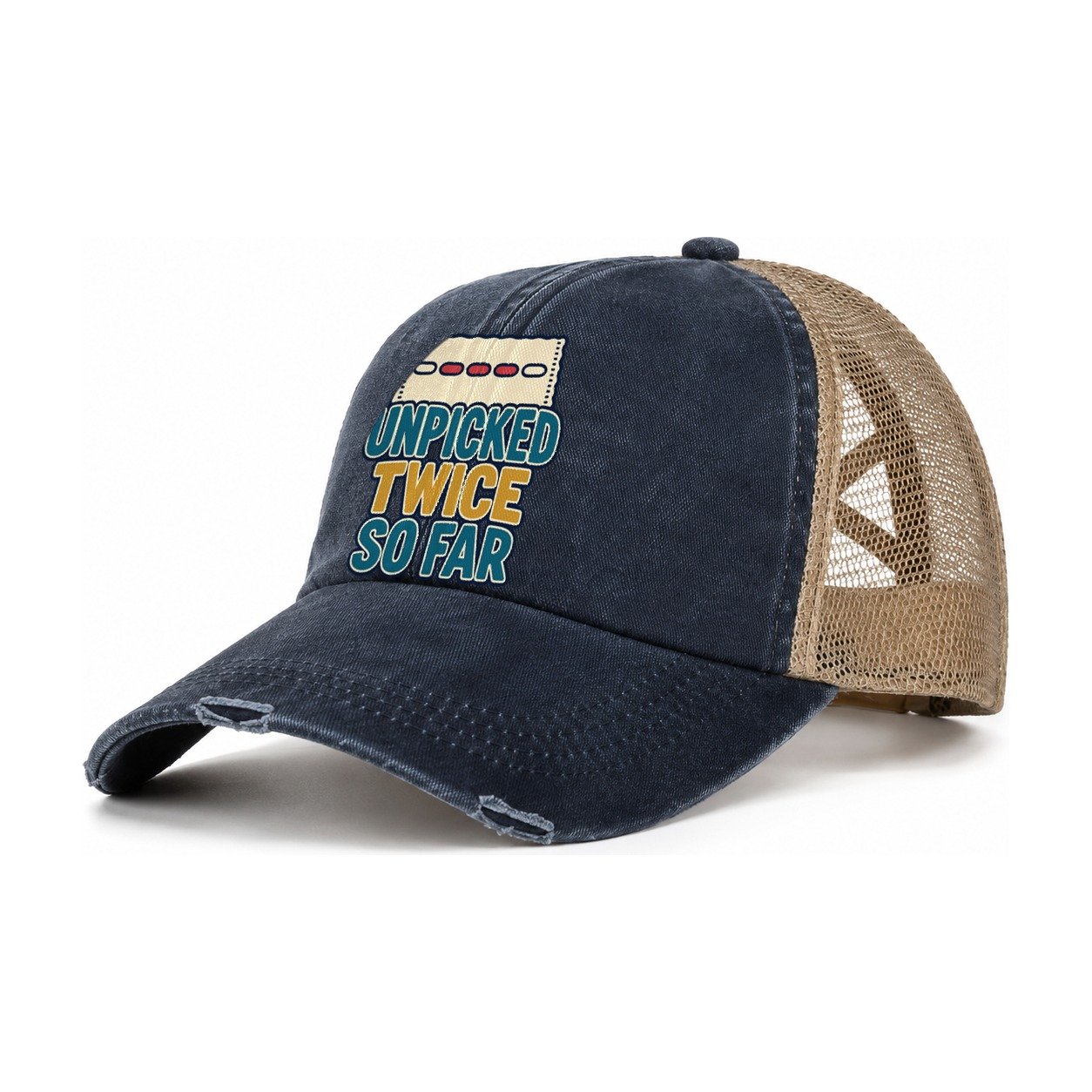 Unpicked Twice So Far And Needlework Women's Ponytail Trucker Hat – Navy Khaki