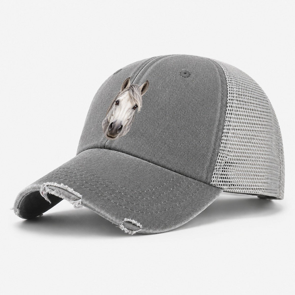 Grey Horse Windblown Forelock Pastimes Companions Washed Trucker Hat – Grey