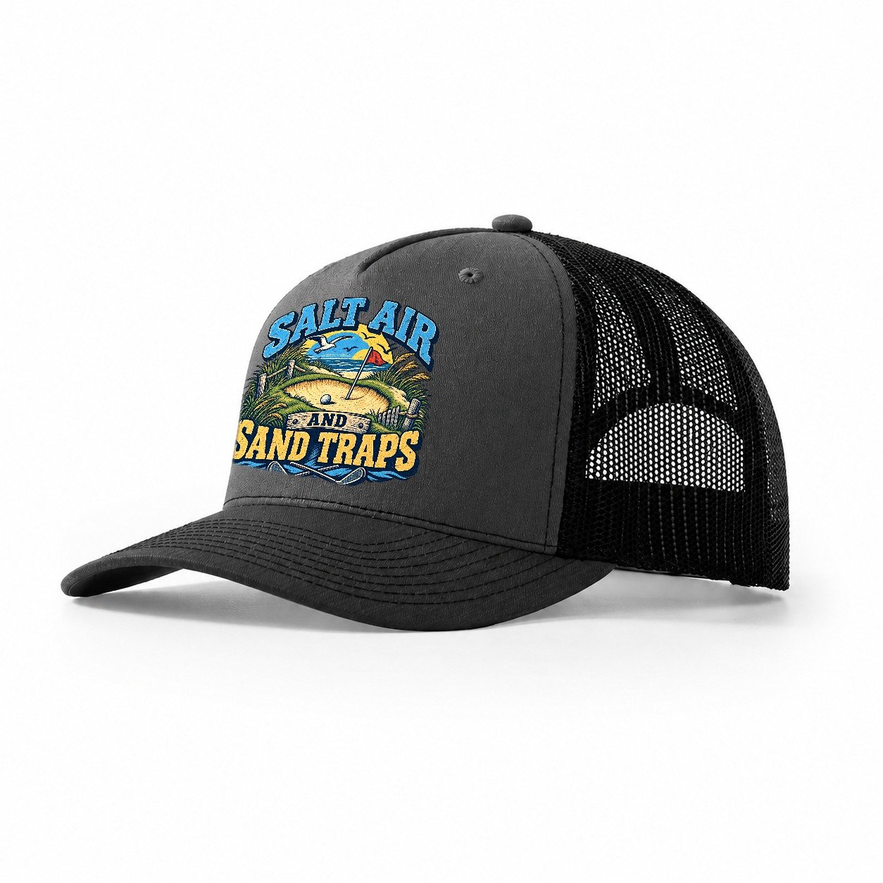 Salt Air And Sand Traps Golf Life Trucker Hat – Dark Grey Black