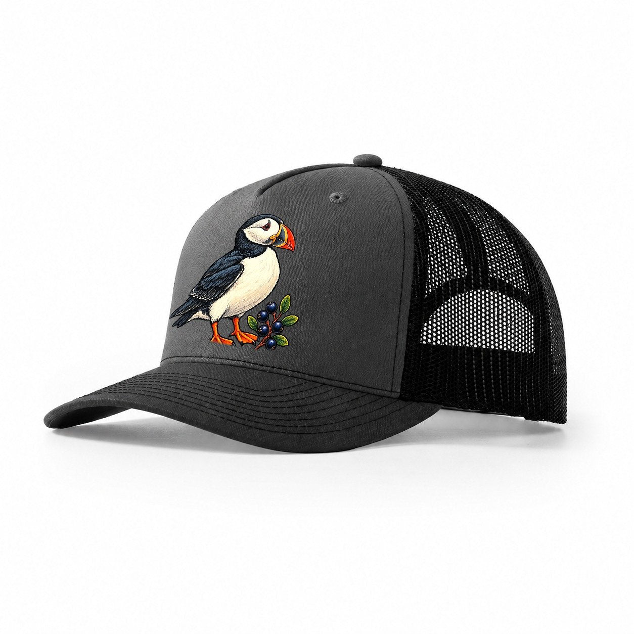 Atlantic Puffin And Crowberry Canada Cultural Icons Trucker Hat – Dark Grey Black