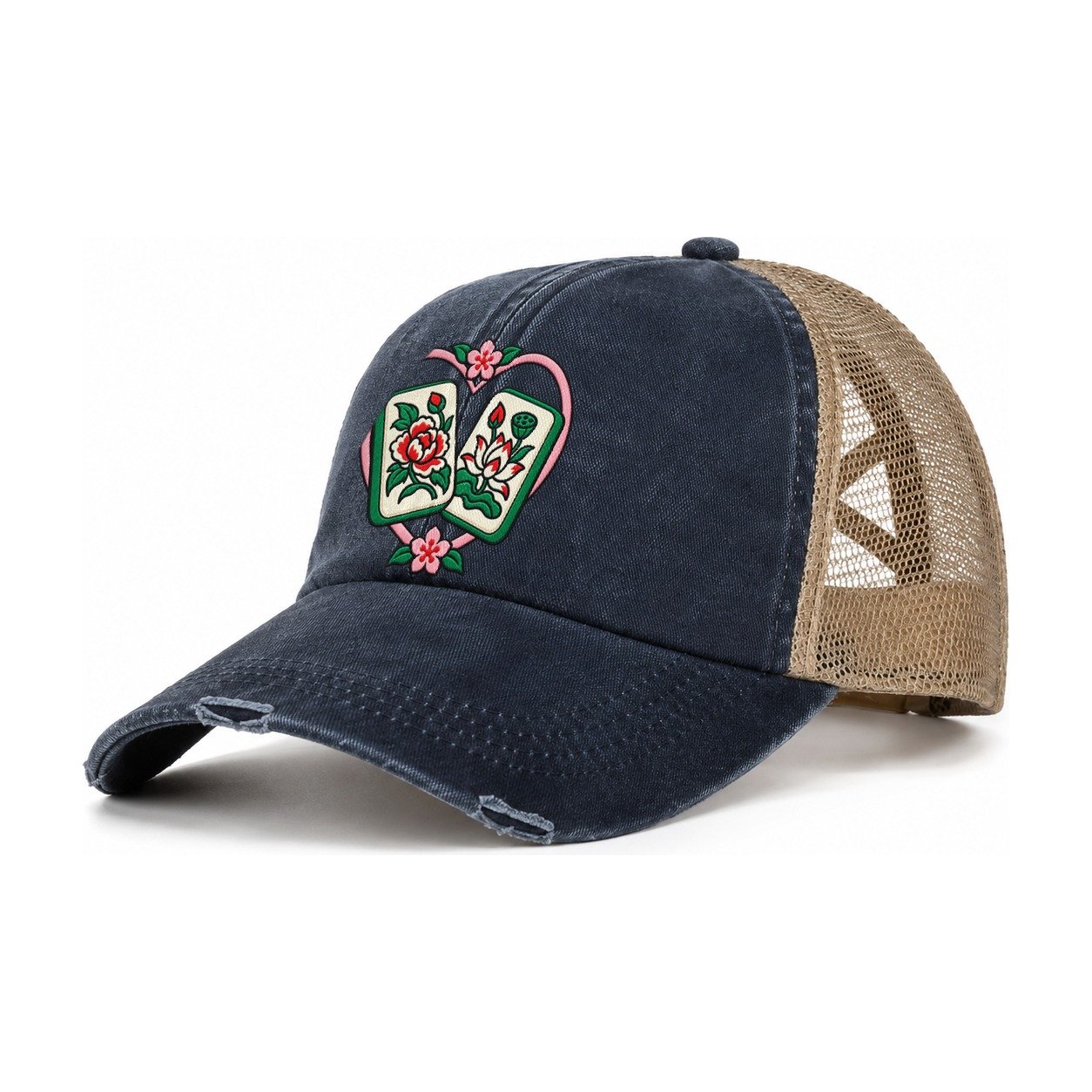 Lucky Pair Mahjong Game Night Women's Ponytail Trucker Hat – Navy Khaki