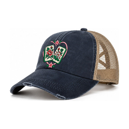 Lucky Pair Mahjong Game Night Women's Ponytail Trucker Hat – Navy Khaki