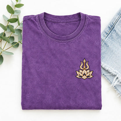Trishula Lotus Symbol Emblems Left Chest Vintage T-shirt – Purple