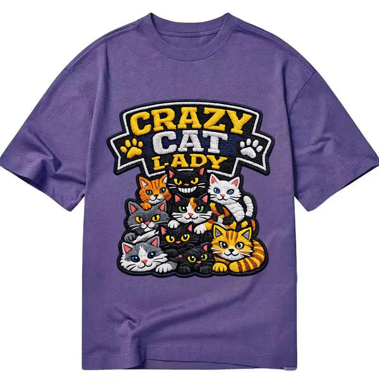 Embroidered Patch Design Crazy Cat Lady Cat Pile In Multicol Classic T-shirt – Purple