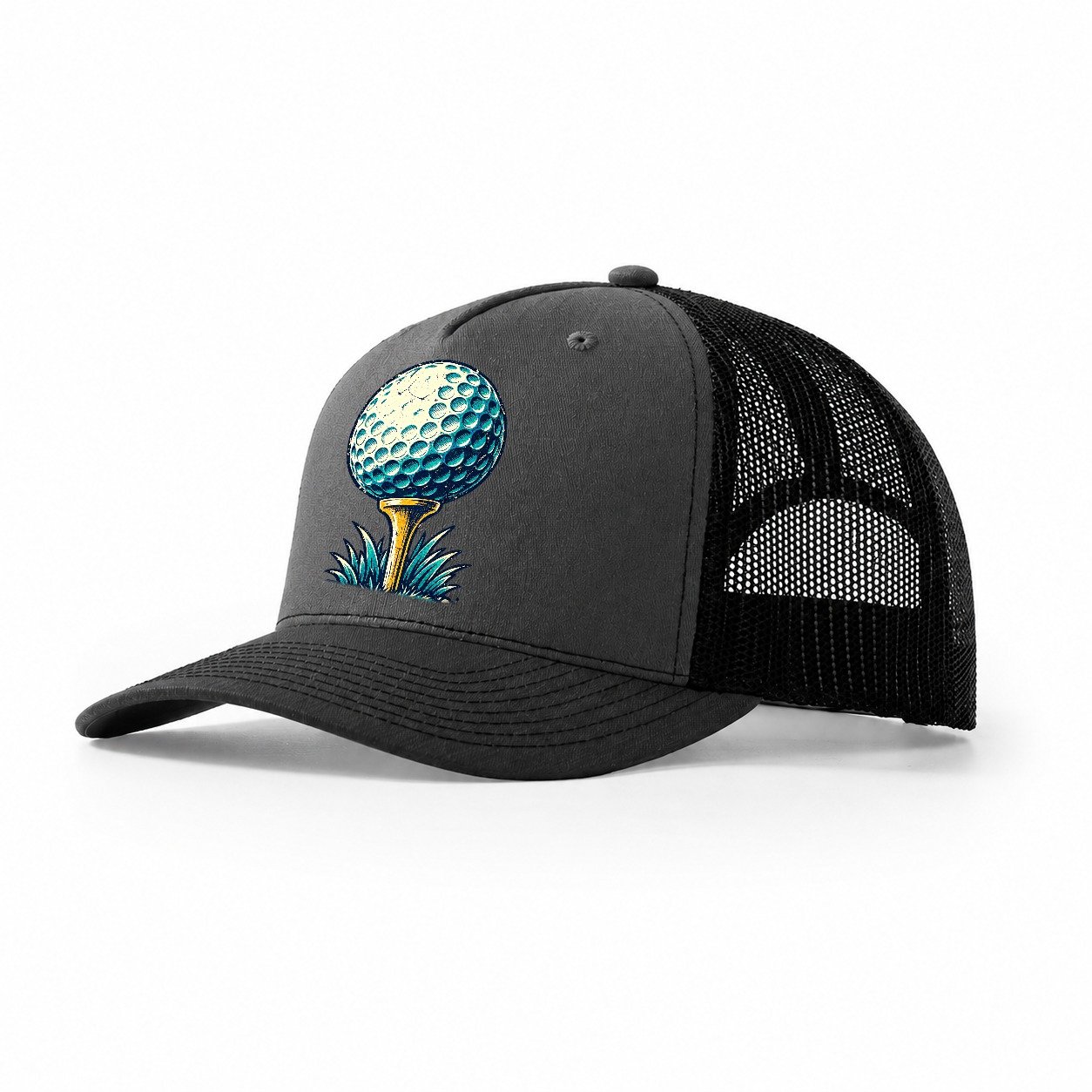 Tee And Ball Mark Golf Life Trucker Hat – Dark Grey Black