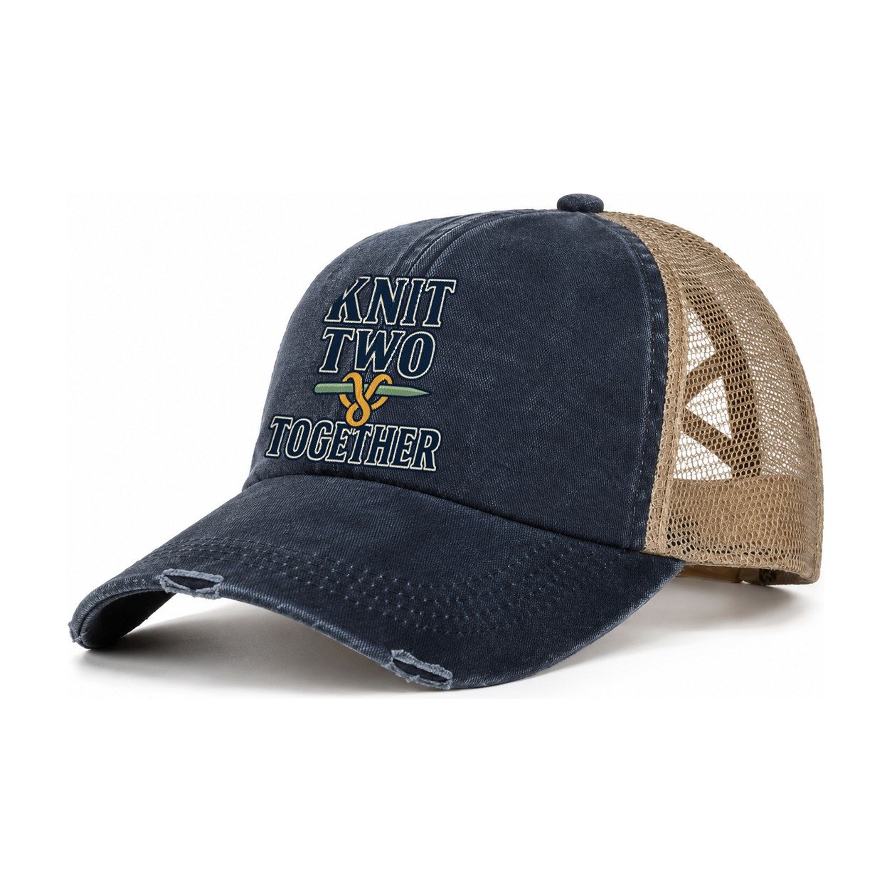 Knit Two Together Yarn Crafts Women's Ponytail Trucker Hat – Navy Khaki