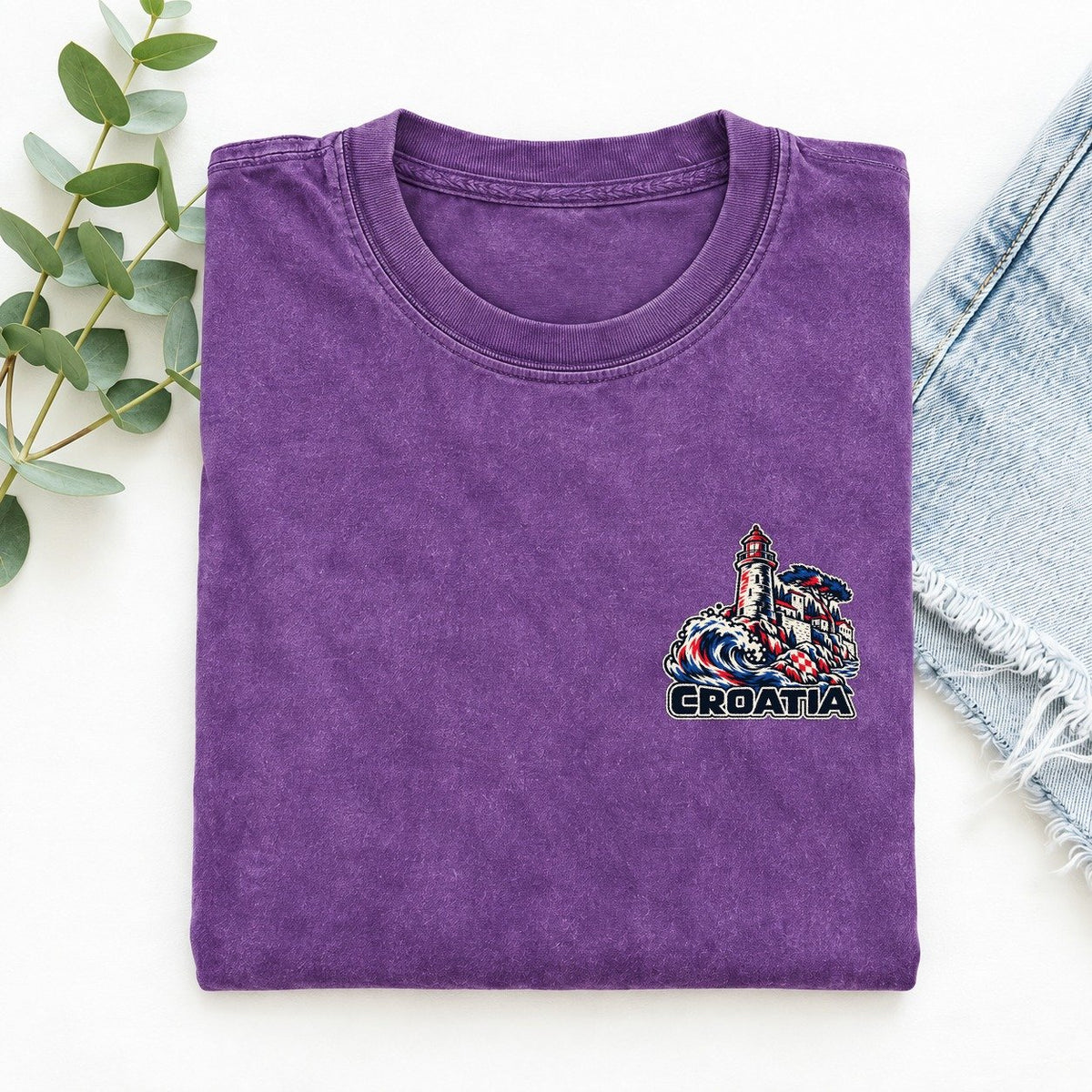 Croatia Country Pride Left Chest Vintage T-shirt – Purple