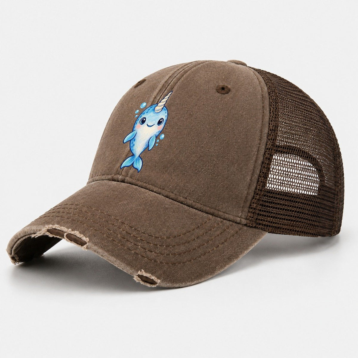 Narwhal Front Tusk Hello Sea Sprite Washed Trucker Hat – Coffee