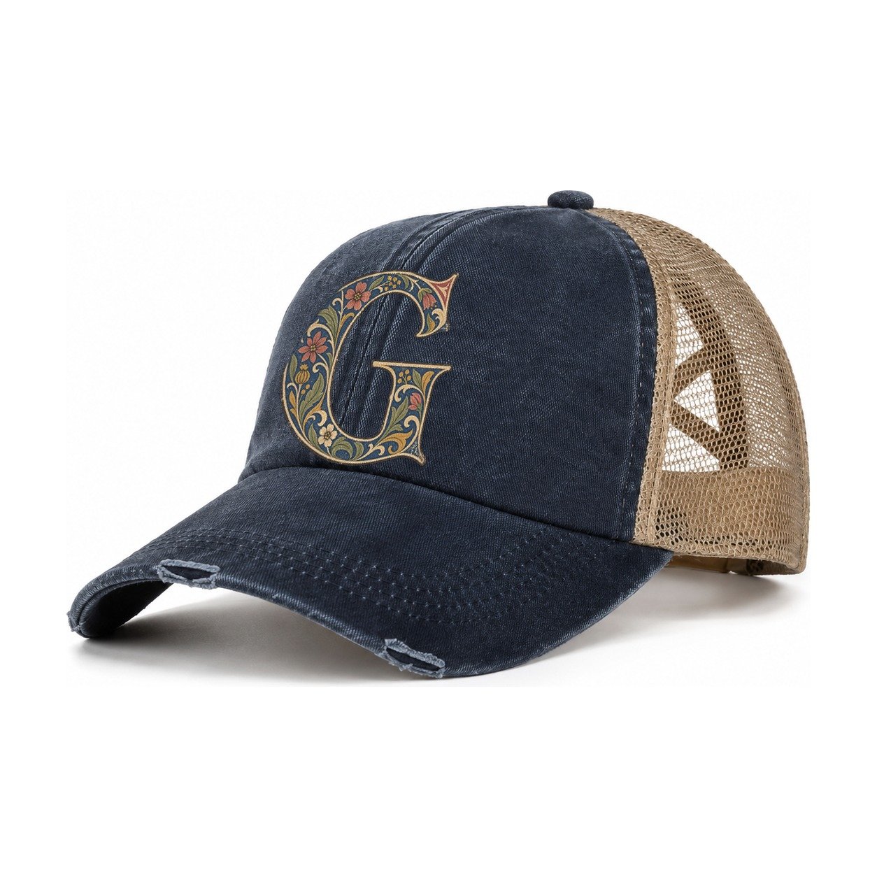 Wildflower G Monogram Women's Ponytail Trucker Hat – Navy Khaki