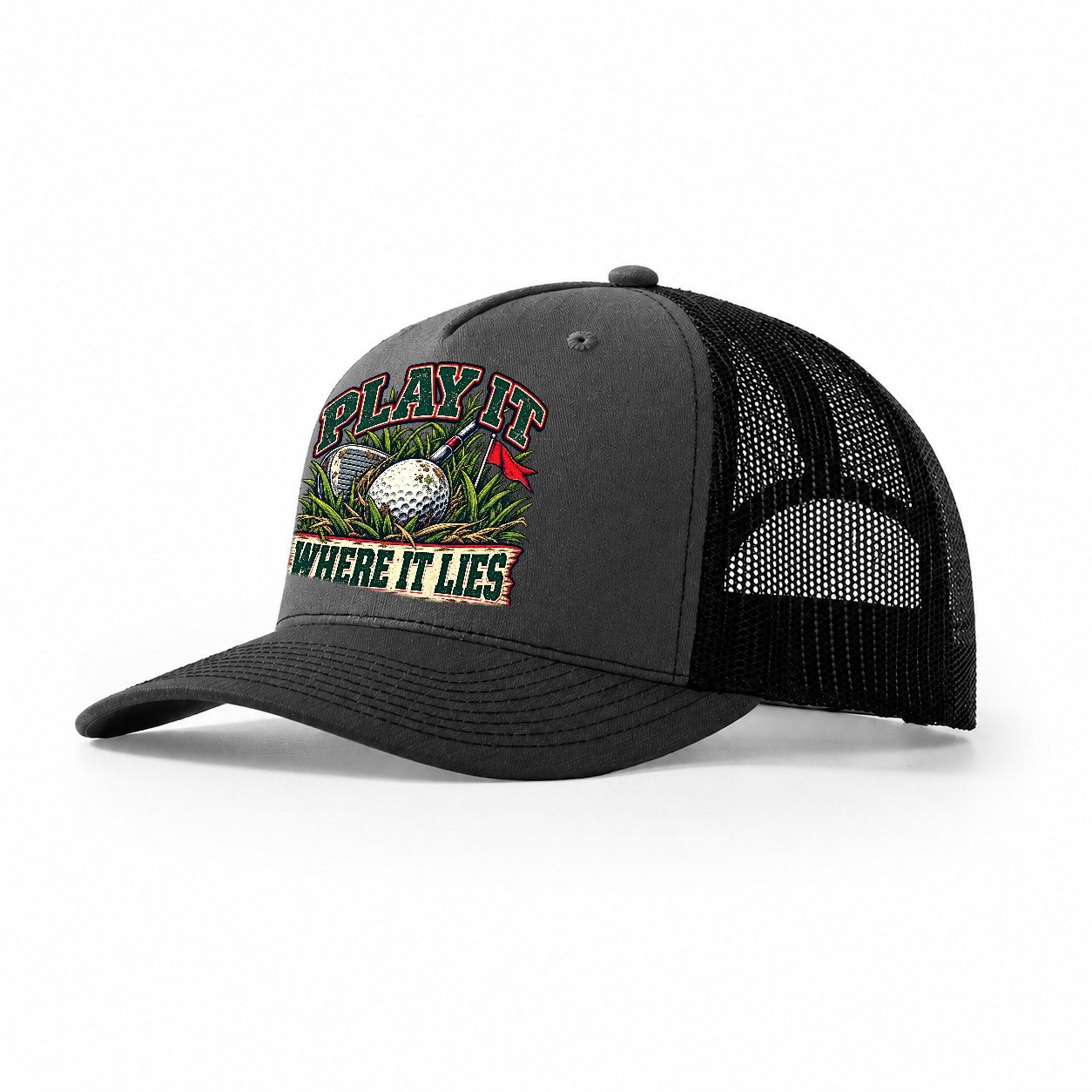 Play It Where It Lies Golf Life Trucker Hat – Dark Grey Black