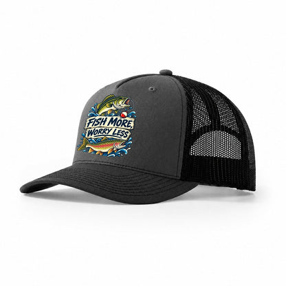 Fish More Worry Less Fishing Elegant Trucker Hat – Dark Grey Black