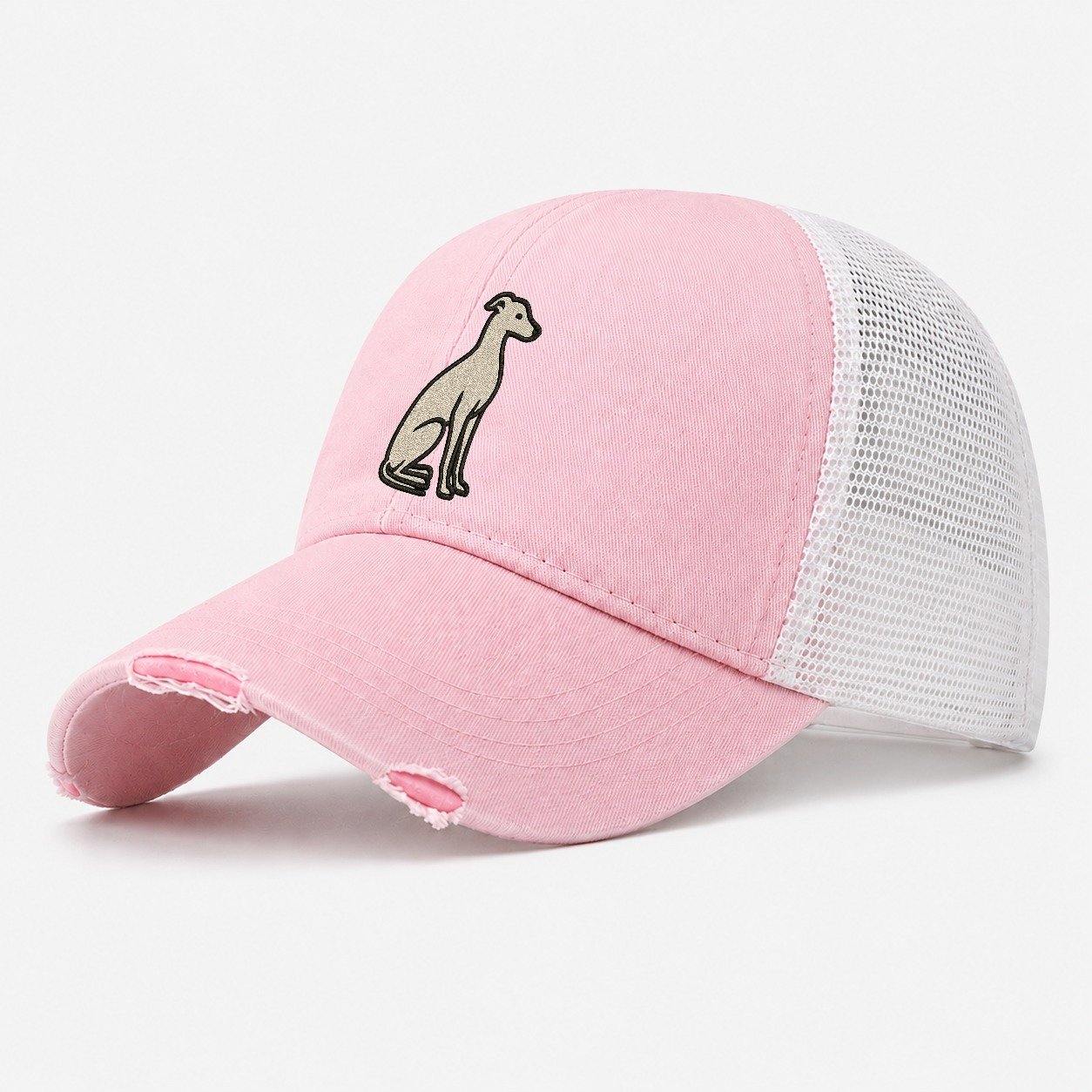 Italian Greyhound Gray Embroidered Sitting Pose Washed Trucker Hat – Light Pink