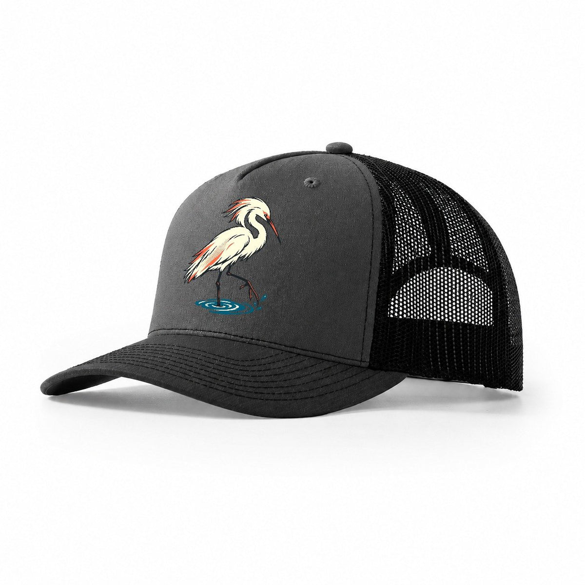 Snowy Egret Step Trucker Hat – Dark Grey Black
