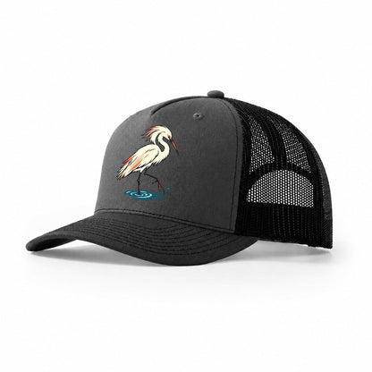 Snowy Egret Step Trucker Hat – Dark Grey Black