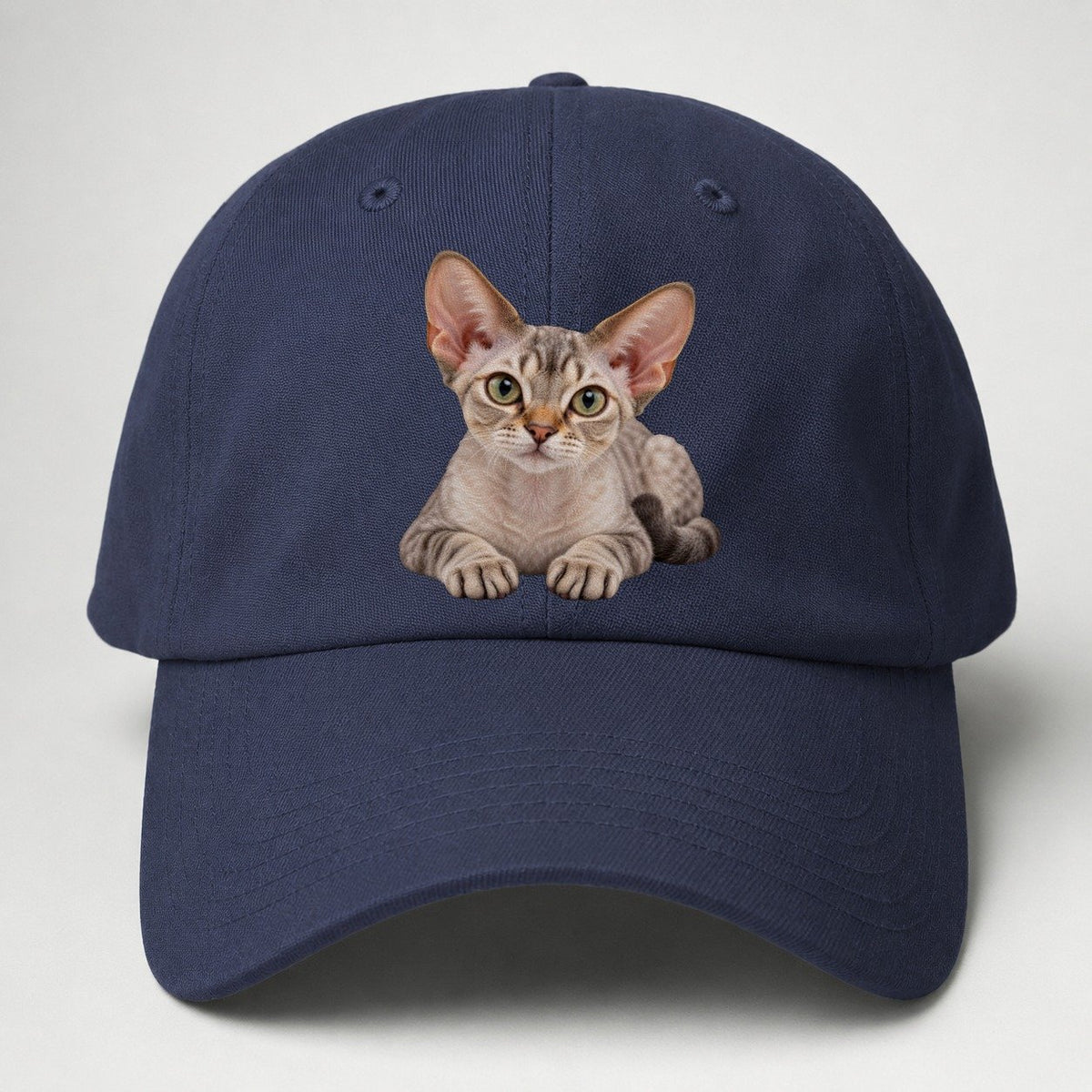 Devon Rex Reclining Paws Forward Realistic Cat Portrait Baseball Cap – Twilight Navy