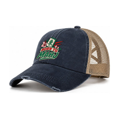 Born To Mahj Mahjong Game Night Women's Ponytail Trucker Hat – Navy Khaki